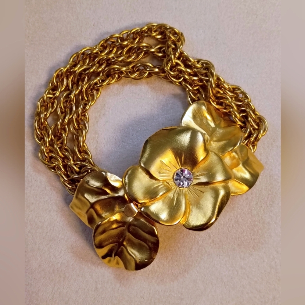 Sold: Givenchy Vintage Crystal Chunky Floral Triple Chain Bracelet